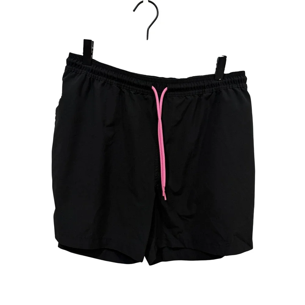 Chubbies Mens Black Swim Trunks Pink Flamingo Graphic Mesh Lined Shorts Medium
